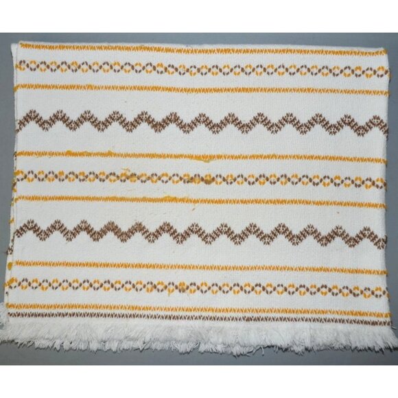 Vintage White Yellow & Brown Woven 45" X 32" Lap Throw Blanket Fringe Trim - Picture 1 of 5